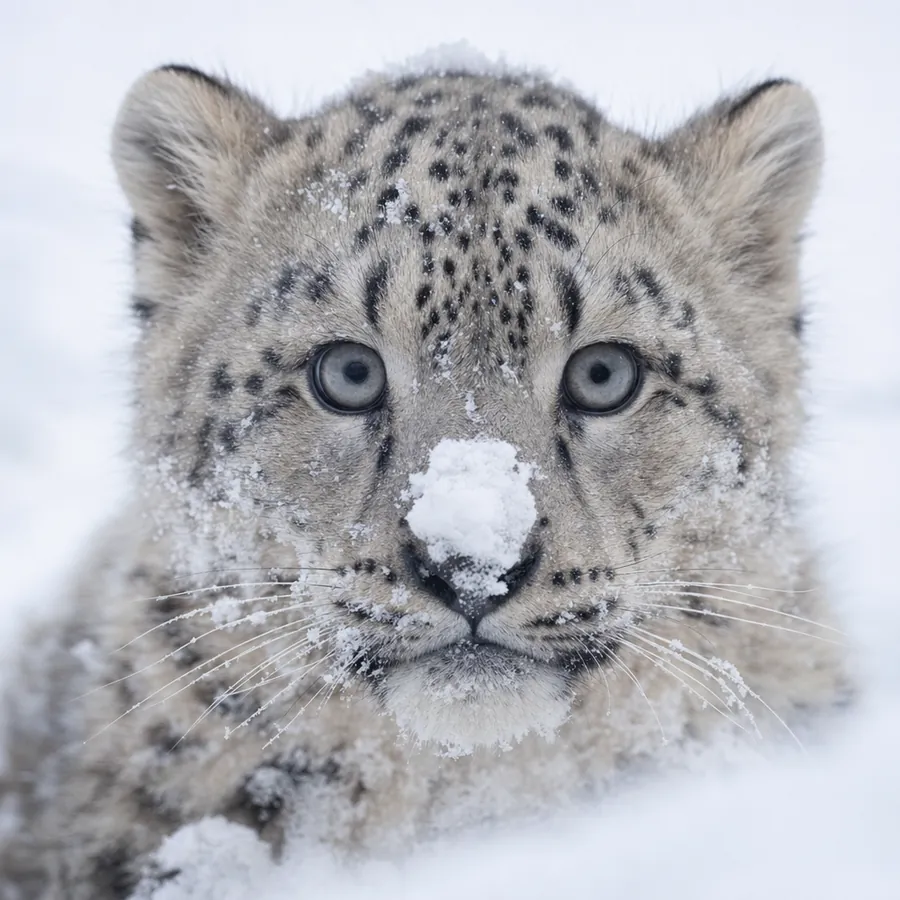 The cub looking at the camera with a clump of snow on her nose