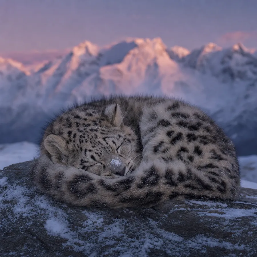 The cub asleep on a rock at dusk, curled in her own tail