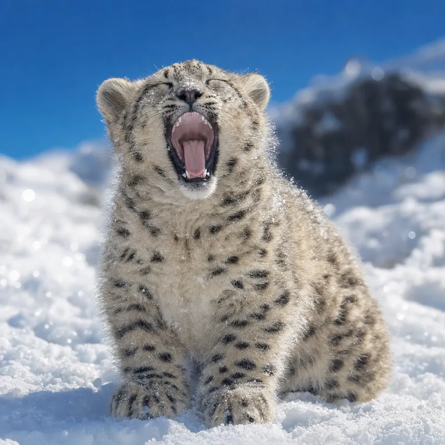 The cub in sunny sparkling snow with a huge yawn